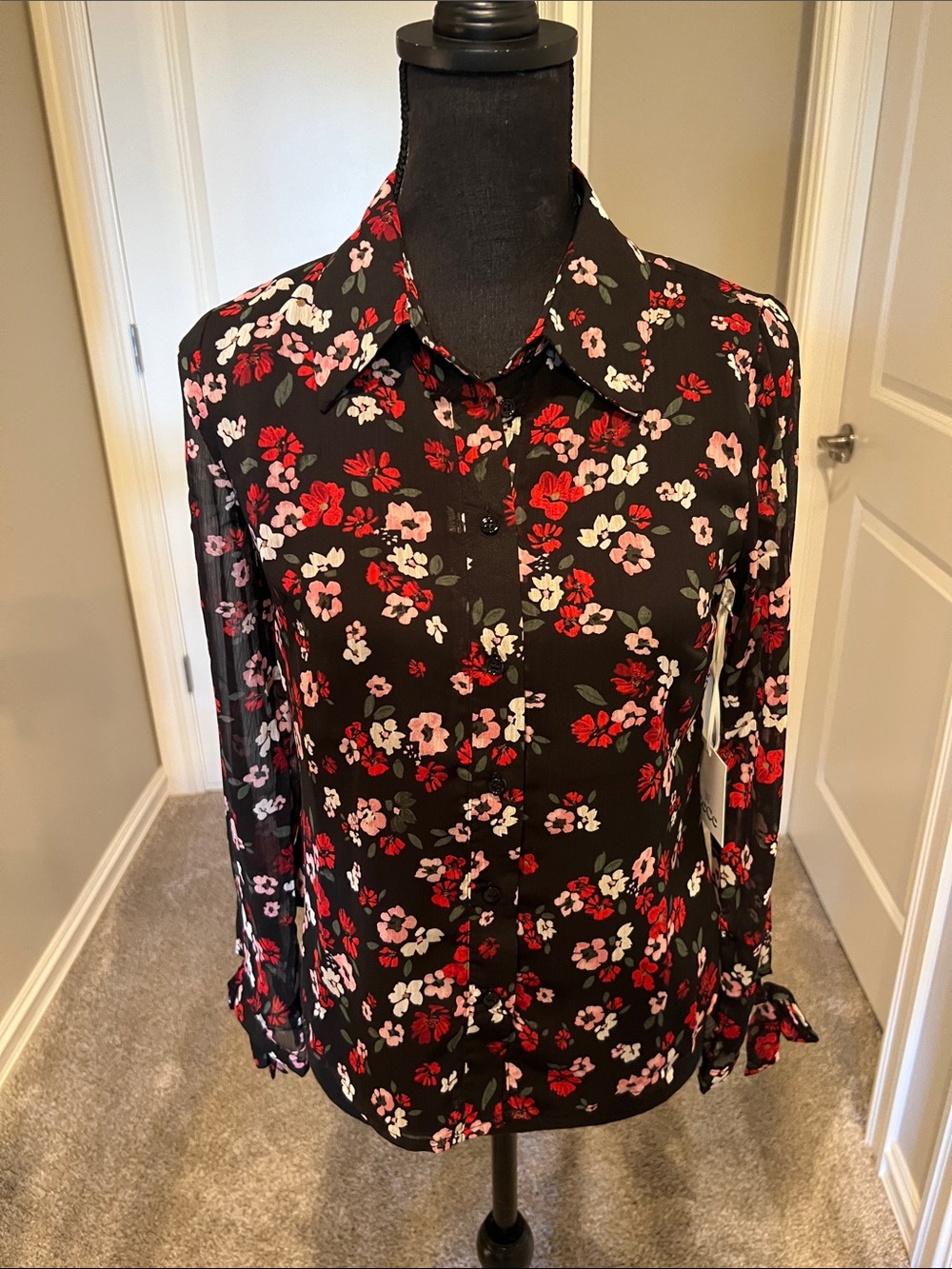 CeCe Black Button-Down Blouse with Red and Pink Floral Print Size XS